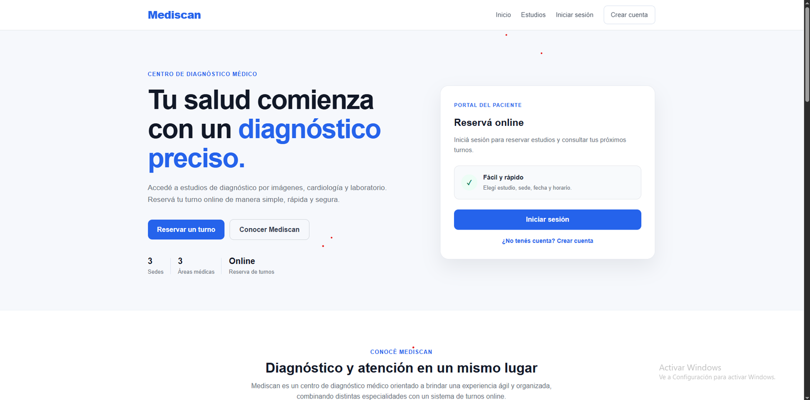 Página principal de Mediscan, sistema web de turnos médicos